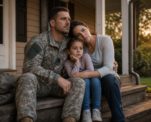 sad family of veteran and daughter sitting on porch, needing veteran housing assistance.