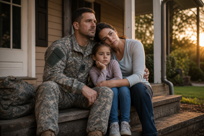 sad family of veteran and daughter sitting on porch, needing veteran housing assistance.