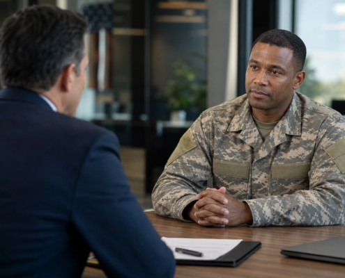a veteran in uniform speaking to a man in a suit about veteran employment programs.