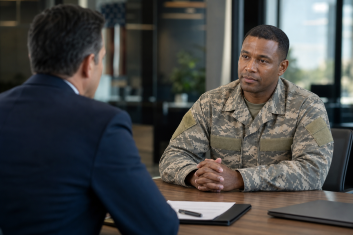 a veteran in uniform speaking to a man in a suit about veteran employment programs.