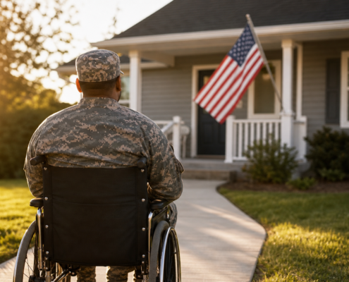 disabled veteran in camouflage uniform in a wheelchair facing a house with an american flag, representing veteran housing rights