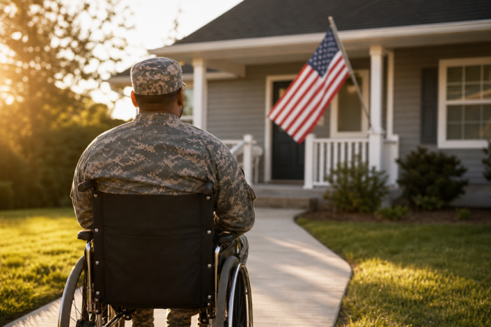 disabled veteran in camouflage uniform in a wheelchair facing a house with an american flag, representing veteran housing rights