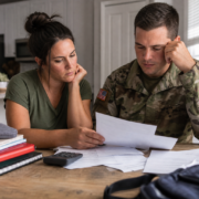 concerned couple reviewing documents at a table with school supplies, discussing back-to-school veteran family finances.
