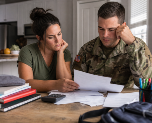 concerned couple reviewing documents at a table with school supplies, discussing back-to-school veteran family finances.