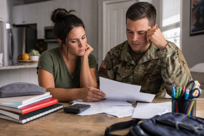 concerned couple reviewing documents at a table with school supplies, discussing back-to-school veteran family finances.