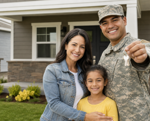military veteran family smiling with keys to their new home, supported by veteran transitional housing grants.