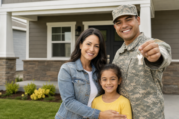 military veteran family smiling with keys to their new home, supported by veteran transitional housing grants.
