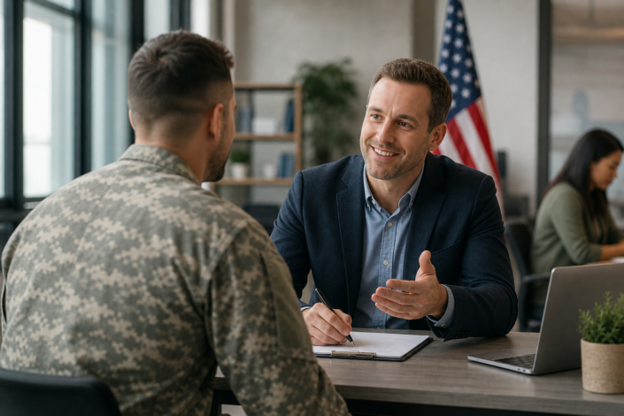 smiling man in suit helping a veteran in uniform with unemployed veterans programs paperwork.