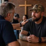 older man comforting a veteran with a hand on his shoulder in a setting for faith-based veteran support programs.