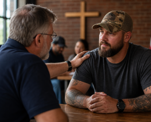 older man comforting a veteran with a hand on his shoulder in a setting for faith-based veteran support programs.