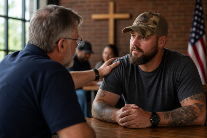 older man comforting a veteran with a hand on his shoulder in a setting for faith-based veteran support programs.
