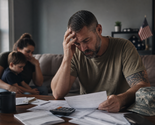 distressed veteran reviewing bills, facing economic hardship, with worried family in background.