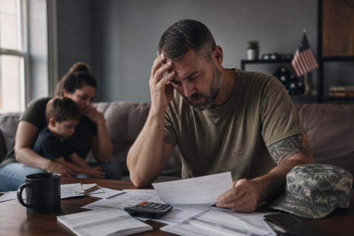 distressed veteran reviewing bills, facing economic hardship, with worried family in background.