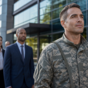 veteran in camouflage looking forward with business professionals, suggesting veteran employment programs