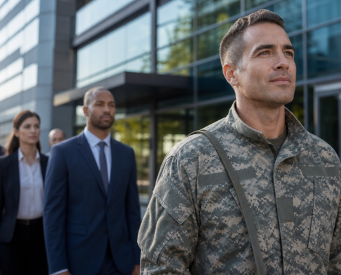 veteran in camouflage looking forward with business professionals, suggesting veteran employment programs
