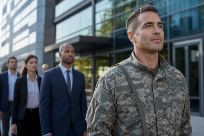 veteran in camouflage looking forward with business professionals, suggesting veteran employment programs