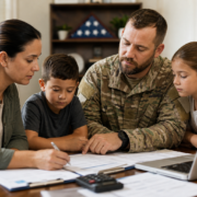 military veteran and family reviewing documents and laptop, utilizing veteran family support services.
