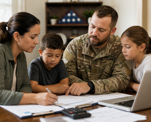 military veteran and family reviewing documents and laptop, utilizing veteran family support services.