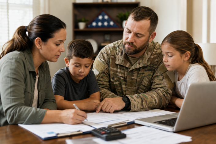 military veteran and family reviewing documents and laptop, utilizing veteran family support services.