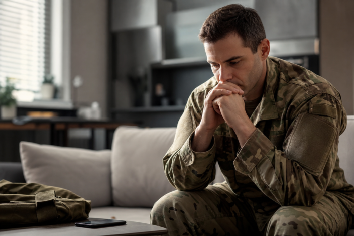 distressed man in military fatigues on couch, considering early intervention veteran housing