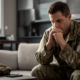 distressed man in military fatigues on couch, considering early intervention veteran housing