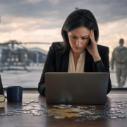 stressed military spouse at laptop, family photo, and base view highlighting employment challenges.