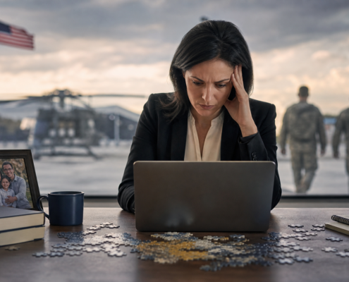 stressed military spouse at laptop, family photo, and base view highlighting employment challenges.