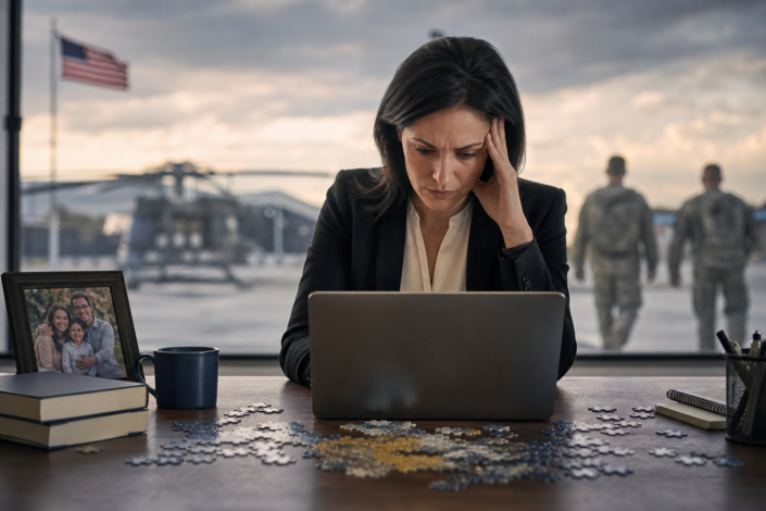 stressed military spouse at laptop, family photo, and base view highlighting employment challenges.
