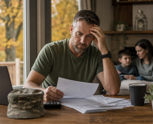 stressed man reviewing documents, an army hat nearby, for veteran fall financial planning.