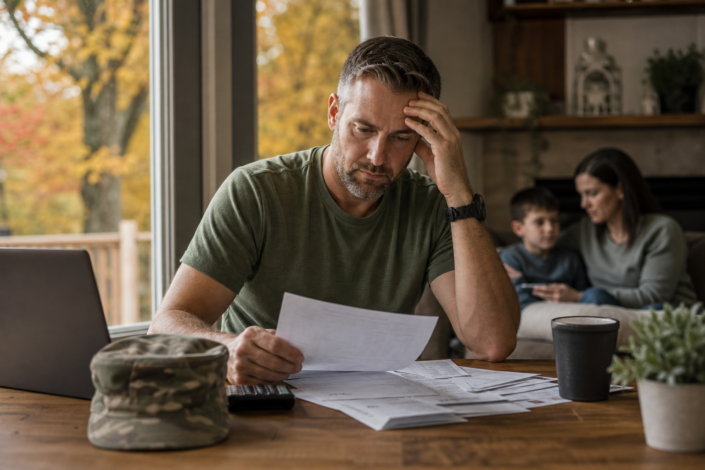 stressed man reviewing documents, an army hat nearby, for veteran fall financial planning.