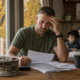 stressed man reviewing documents, an army hat nearby, for veteran fall financial planning.