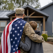 military member with flag embracing child, looking at a modern house for temporary housing for veterans.