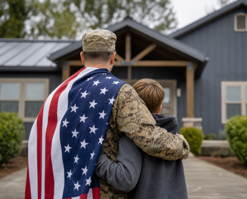military member with flag embracing child, looking at a modern house for temporary housing for veterans.