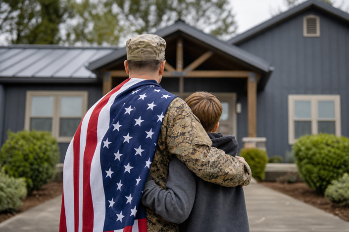 military member with flag embracing child, looking at a modern house for temporary housing for veterans.
