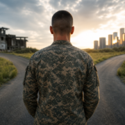back of a veteran in camouflage at a diverging path, one to ruins, one to a city, symbolizing military employment gap veterans face.