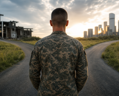 back of a veteran in camouflage at a diverging path, one to ruins, one to a city, symbolizing military employment gap veterans face.
