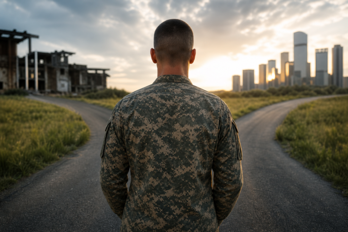 back of a veteran in camouflage at a diverging path, one to ruins, one to a city, symbolizing military employment gap veterans face.